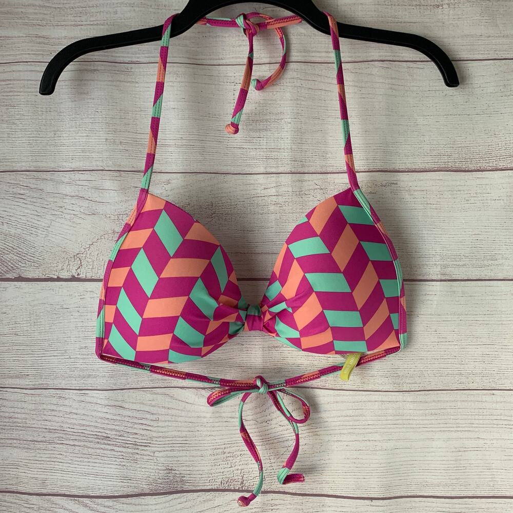 Gianni Bini Pink Teal Chevron Bikini Swimsuit Top Halter Padded Size L